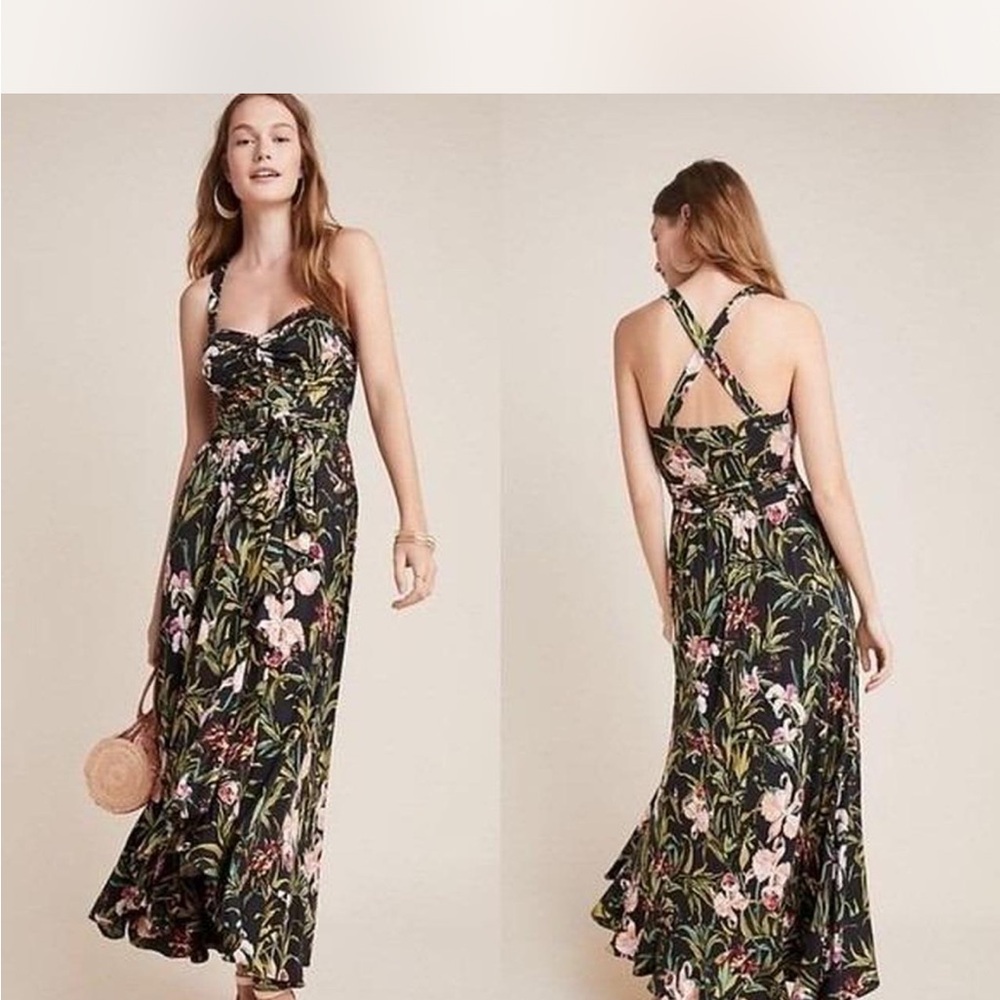 Maeve Black Sleeveless Maxi Dress with Pink & Green Floral Print